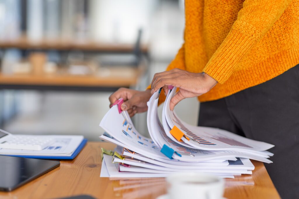 Business Documents, Auditor businesswoman checking searching document legal prepare paperwork or