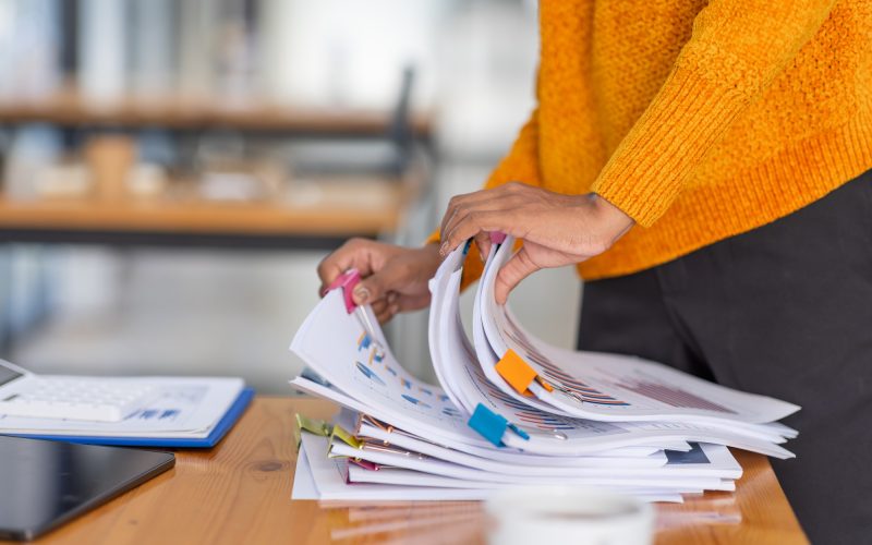 Business Documents, Auditor businesswoman checking searching document legal prepare paperwork or